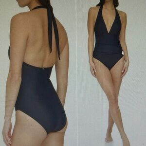 Tommy Hilfiger Women's Size 14 One-Piece Ribbed Halter Plunge Swimsuit Navy NWOT